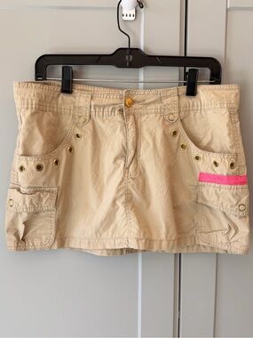 Y2K Southpole Cargo Mini Skirt Size 11 Khaki Pink Gold Grommet Utility